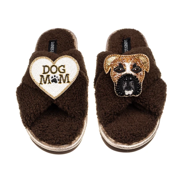 Laines London Laines Neutral Boucle Slippers With Pip The Boxer & Dog Mum / Mom Brooches
