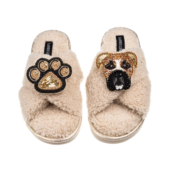 Laines London Laines Neutral Boucle Slippers With Pip The Boxer & Paw Brooches