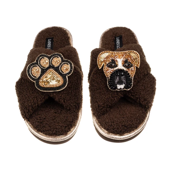 Laines London Laines Neutral Boucle Slippers With Pip The Boxer & Paw Brooches