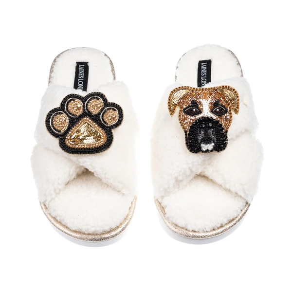 Laines London Laines Neutral Boucle Slippers With Pip The Boxer & Paw Brooches