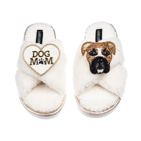 laines london Laines Neutral Boucle Slippers With Pip The Boxer & Dog Mum / Mom Brooches