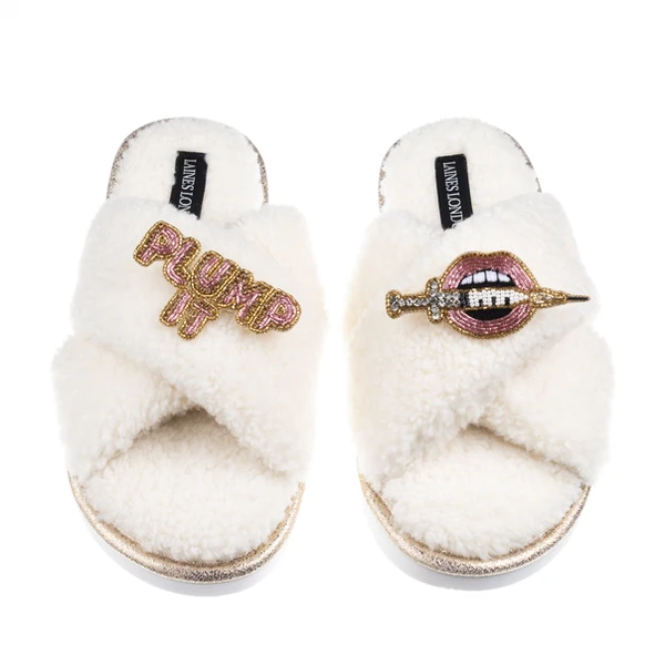 Laines London Laines Neutral Boucle Slippers With Plump It Pout Brooches