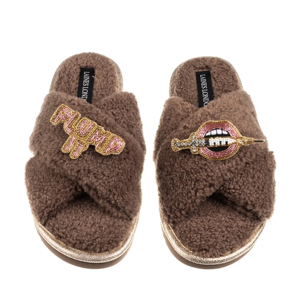 Laines London Laines Neutral Boucle Slippers With Plump It Pout Brooches
