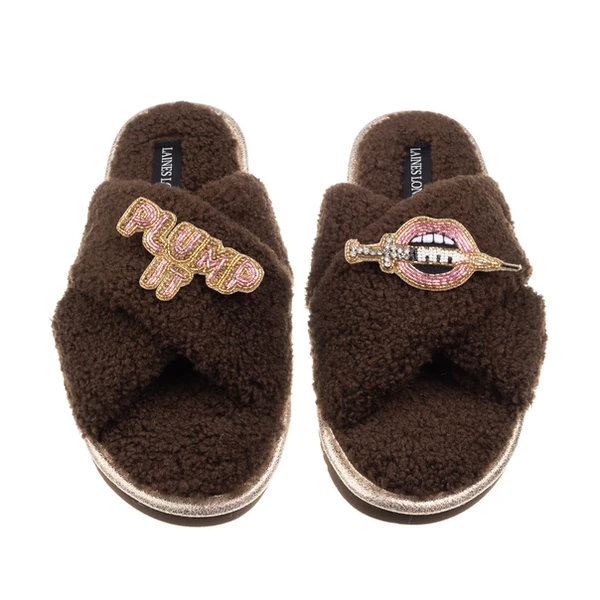 Laines London Laines Neutral Boucle Slippers With Plump It Pout Brooches