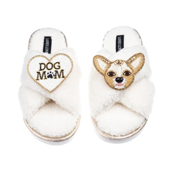 Laines London Laines Neutral Boucle Slippers With Princess Chihuahua & Dog Mum / Mom Brooches