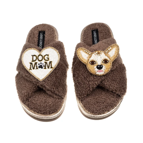 Laines London Laines Neutral Boucle Slippers With Princess Chihuahua & Dog Mum / Mom Brooches
