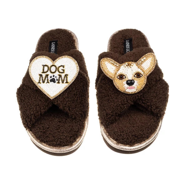 Laines London Laines Neutral Boucle Slippers With Princess Chihuahua & Dog Mum / Mom Brooches