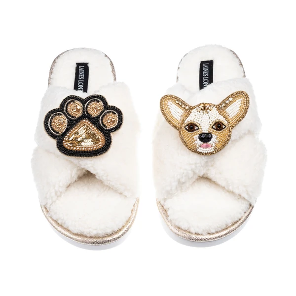 Laines London Laines Neutral Boucle Slippers With Princess Chihuahua & Paw Brooches