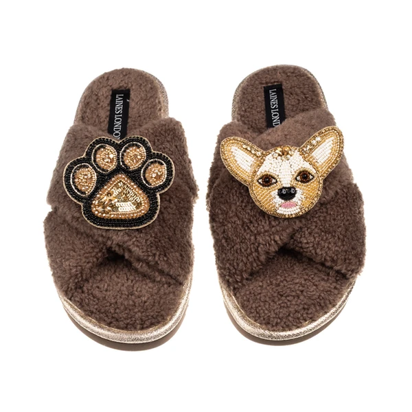 Laines London Laines Neutral Boucle Slippers With Princess Chihuahua & Paw Brooches