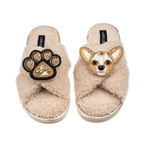 Laines London Laines Neutral Boucle Slippers With Princess Chihuahua & Paw Brooches