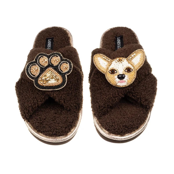 laines london Laines Neutral Boucle Slippers With Princess Chihuahua & Paw Brooches