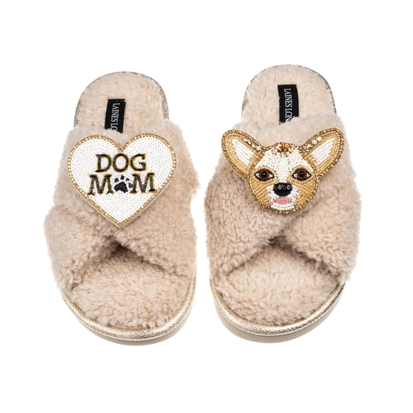 laines london Laines Neutral Boucle Slippers With Princess Chihuahua & Dog Mum / Mom Brooches