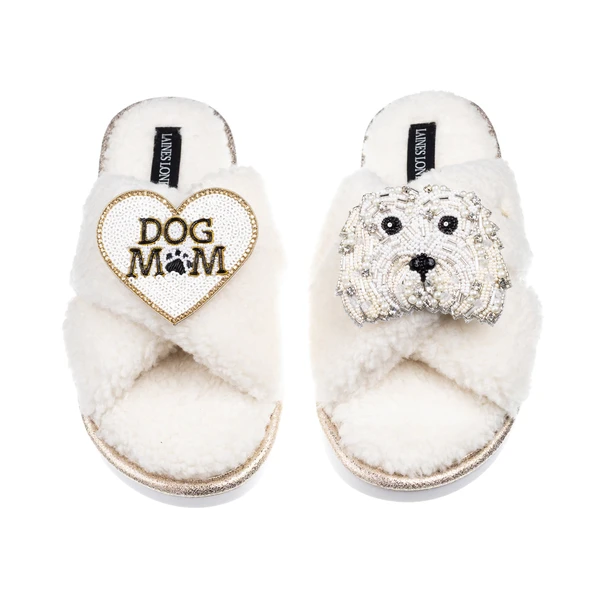 Laines London Laines Neutral Boucle Slippers With Queenie & Dog Mum / Mom Brooches