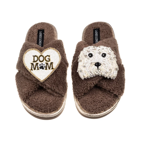 Laines London Laines Neutral Boucle Slippers With Queenie & Dog Mum / Mom Brooches