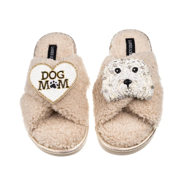 Laines London Laines Neutral Boucle Slippers With Queenie & Dog Mum / Mom Brooches