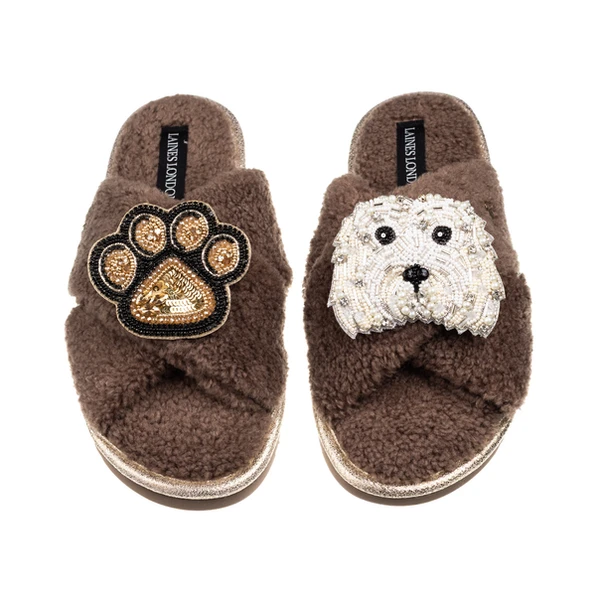 Laines London Laines Neutral Boucle Slippers With Queenie The Bichon & Paw Brooches