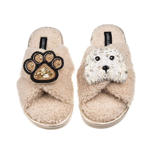 Laines London Laines Neutral Boucle Slippers With Queenie The Bichon & Paw Brooches
