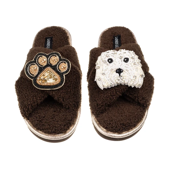 Laines London Laines Neutral Boucle Slippers With Queenie The Bichon & Paw Brooches