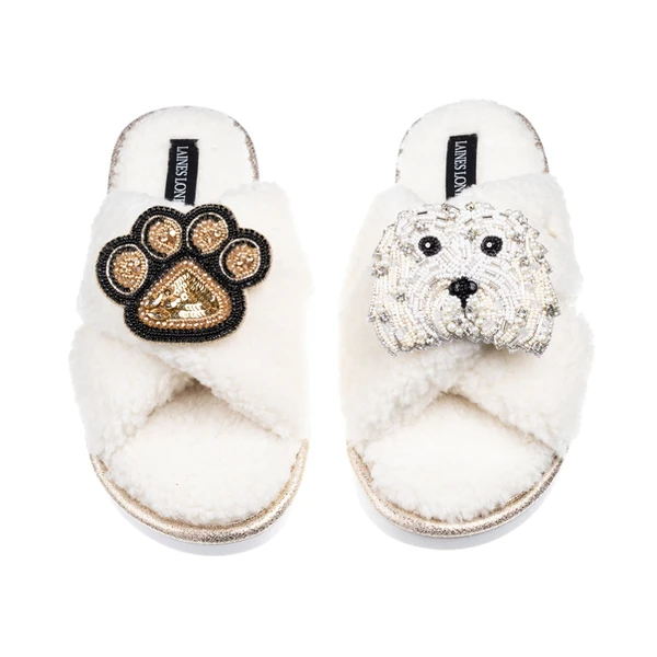 laines london Laines Neutral Boucle Slippers With Queenie The Bichon & Paw Brooches