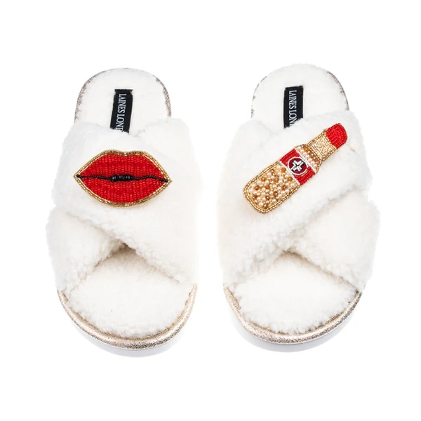 Laines London Laines Neutral Boucle Slippers With Red Lips & Lipstick Brooches