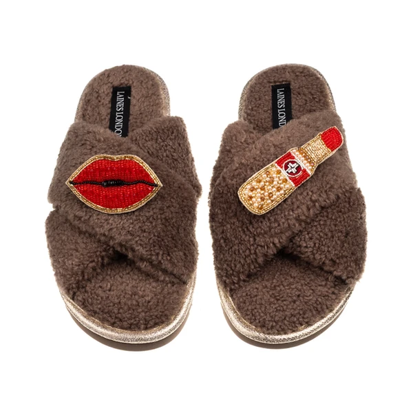 Laines London Laines Neutral Boucle Slippers With Red Lips & Lipstick Brooches