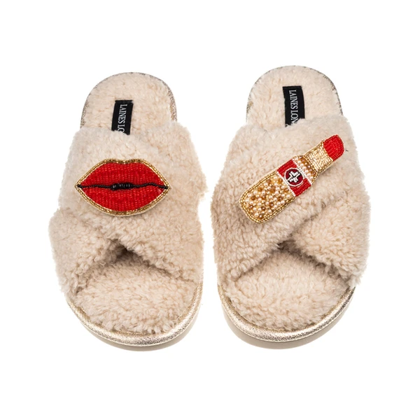 Laines London Laines Neutral Boucle Slippers With Red Lips & Lipstick Brooches