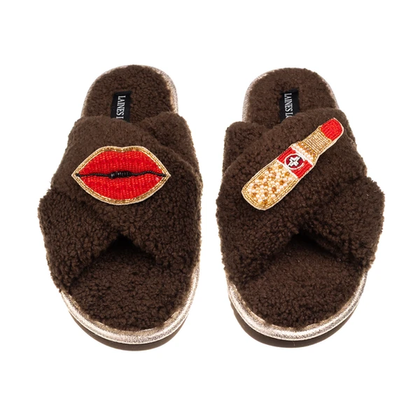 laines london Laines Neutral Boucle Slippers With Red Lips & Lipstick Brooches