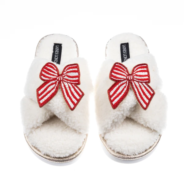 Laines London Laines Neutral Boucle Slippers With Red Stripe Bow Brooches