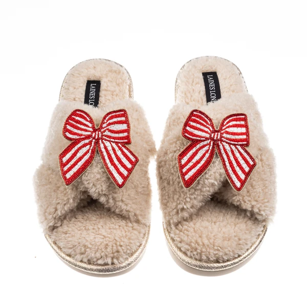 Laines London Laines Neutral Boucle Slippers With Red Stripe Bow Brooches