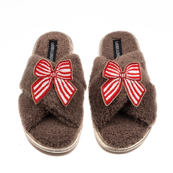 Laines London Laines Neutral Boucle Slippers With Red Stripe Bow Brooches