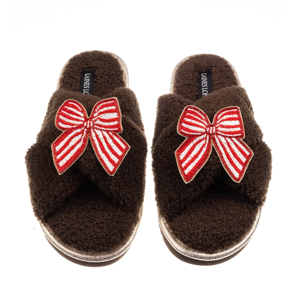 laines london Laines Neutral Boucle Slippers With Red Stripe Bow Brooches