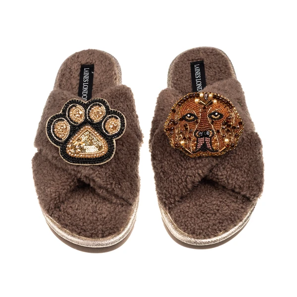 Laines London Laines Neutral Boucle Slippers With Rocco The Chocolate Lab & Paw Brooches