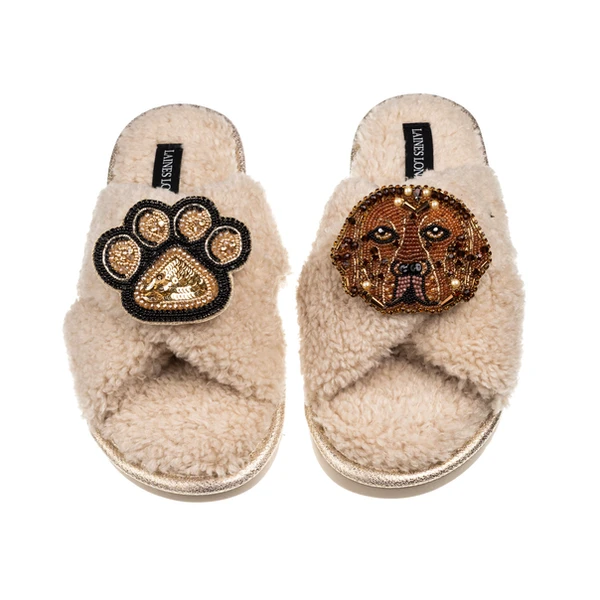 Laines London Laines Neutral Boucle Slippers With Rocco The Chocolate Lab & Paw Brooches