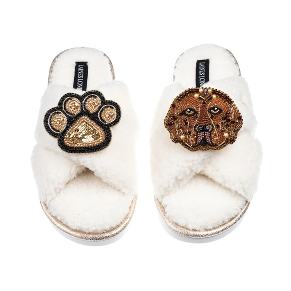 laines london Laines Neutral Boucle Slippers With Rocco The Chocolate Lab & Paw Brooches