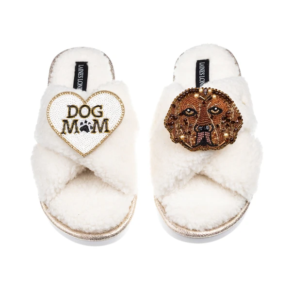 Laines London Laines Neutral Boucle Slippers With Rocco The Lab & Dog Mum/Mom Brooches