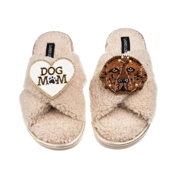 Laines London Laines Neutral Boucle Slippers With Rocco The Lab & Dog Mum/Mom Brooches