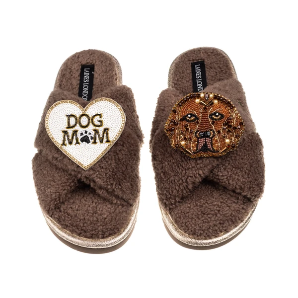 laines london Laines Neutral Boucle Slippers With Rocco The Lab & Dog Mum/Mom Brooches