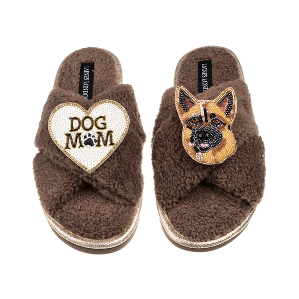Laines London Laines Neutral Boucle Slippers With Roxy German Shepherd & Dog Mum/Mom Brooches