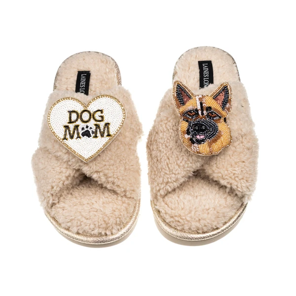 Laines London Laines Neutral Boucle Slippers With Roxy German Shepherd & Dog Mum/Mom Brooches