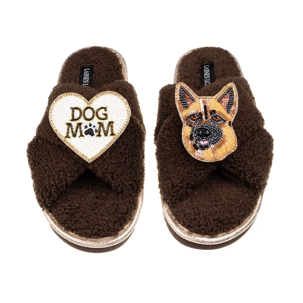 Laines London Laines Neutral Boucle Slippers With Roxy German Shepherd & Dog Mum/Mom Brooches