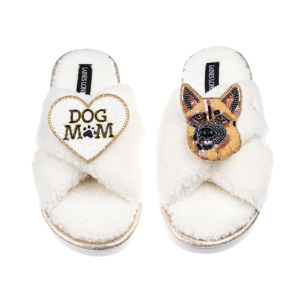 laines london Laines Neutral Boucle Slippers With Roxy German Shepherd & Dog Mum/Mom Brooches