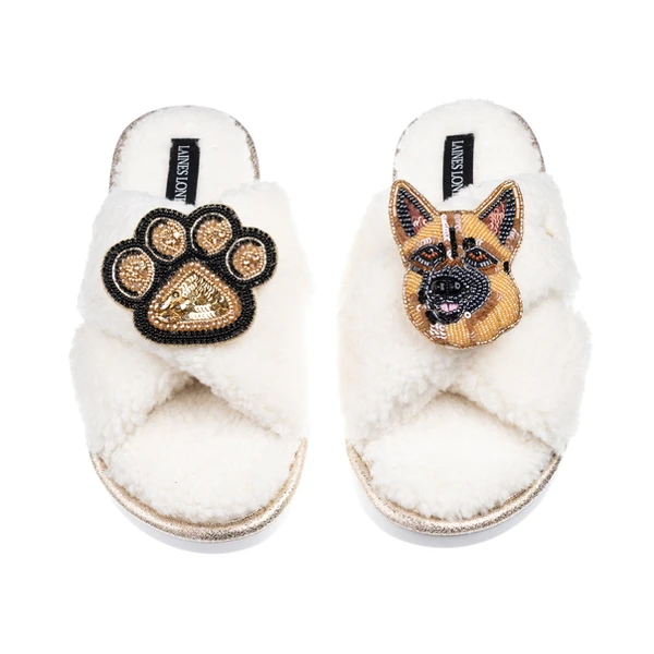 Laines London Laines Neutral Boucle Slippers With Roxy The German Shepherd & Paw Brooches