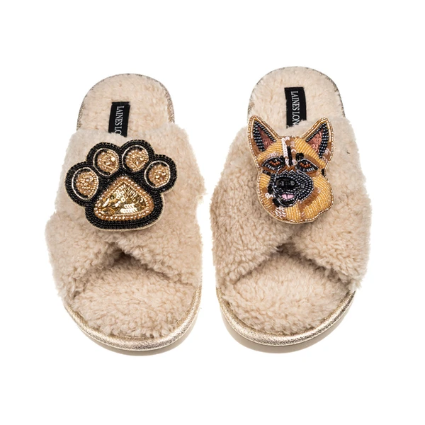 Laines London Laines Neutral Boucle Slippers With Roxy The German Shepherd & Paw Brooches