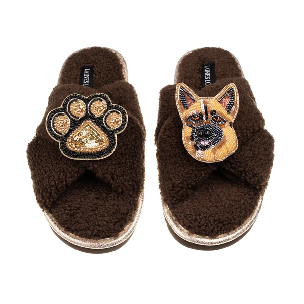 Laines London Laines Neutral Boucle Slippers With Roxy The German Shepherd & Paw Brooches