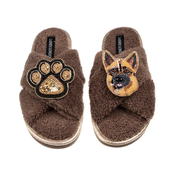 laines london Laines Neutral Boucle Slippers With Roxy The German Shepherd & Paw Brooches
