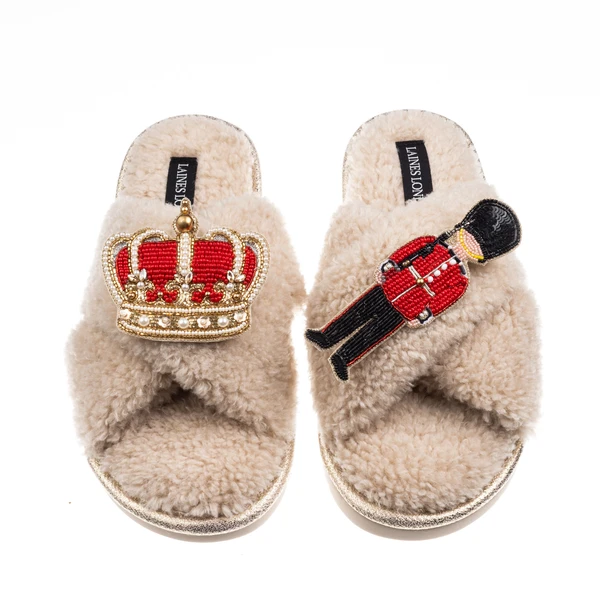 Laines London Laines Neutral Boucle Slippers With Royal Crown & Grenadier Guard Brooches