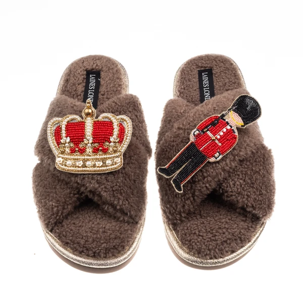 Laines London Laines Neutral Boucle Slippers With Royal Crown & Grenadier Guard Brooches