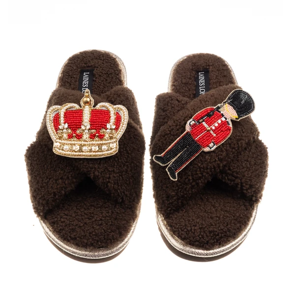 Laines London Laines Neutral Boucle Slippers With Royal Crown & Grenadier Guard Brooches