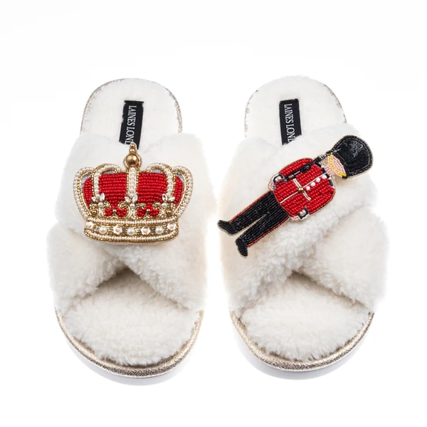 laines london Laines Neutral Boucle Slippers With Royal Crown & Grenadier Guard Brooches