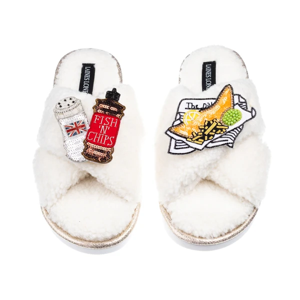Laines London Laines Neutral Boucle Slippers With Salt N Vinegar & Fish & Chips Brooches